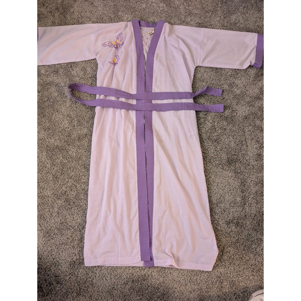Lyre Bird Vintage Lavender Butterfly Embroidered Kimono‎ Robe Purple Small